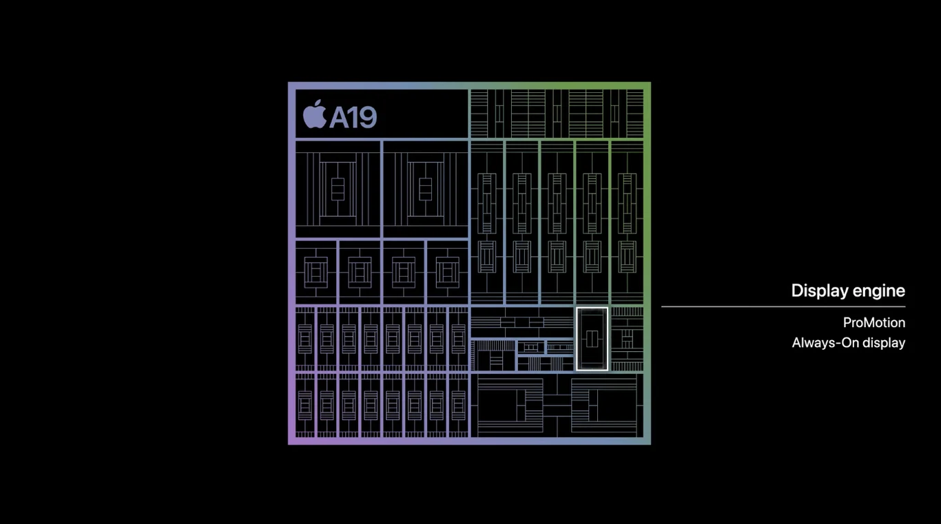 iPhone 17e ma chip Apple A19, ale nie jest to dokładnie ten sam procesor, który umieszczono w iPhonie 17. Schemat układu scalonego A19 firmy Apple wraz z oznaczeniem jednostki Display Engine obsługującej funkcje ProMotion i Always-On display, kolorowe kontury na czarnym tle.