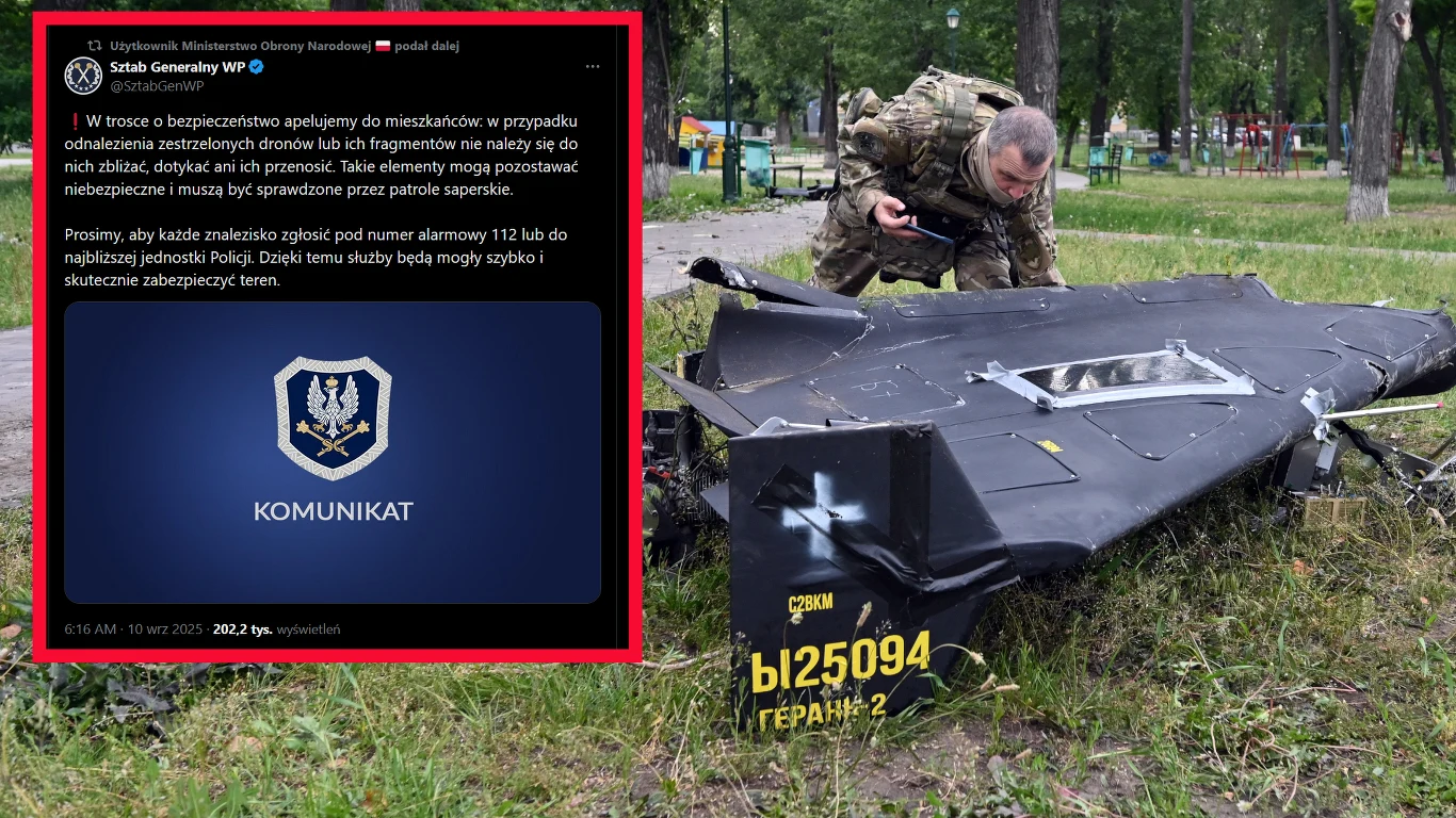 Sztab Generalny WP apeluje mieszkańców o nie zbliżanie się do znalezionych dronów lub ich fragmentów. Mogą być trujące (zdjęcie ilustracyjne) Żołnierz w mundurze ogląda szczątki drona wojskowego leżącego na trawie w parku, obok widoczny zrzut ekranu z komunikatem ostrzegawczym wydanym przez Sztab Generalny WP.