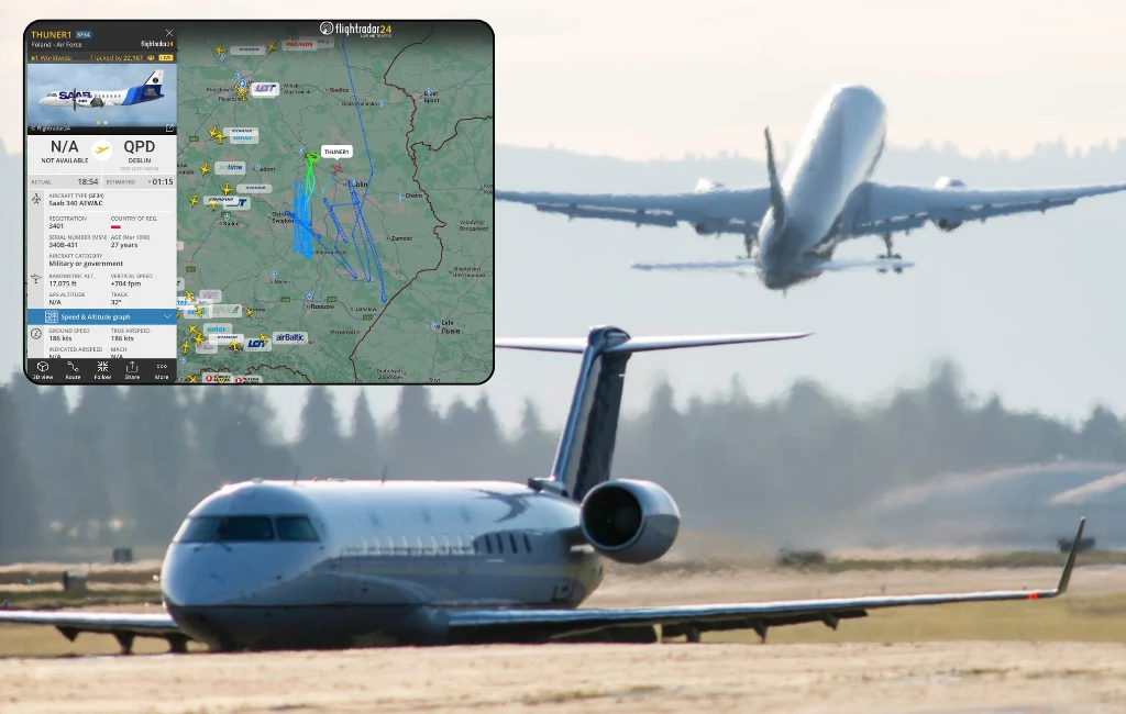 Flightradar24 umożliwia śledzenie na żywo lotów z całego świata. Zdj. ilustracyjne. Na płycie lotniska znajduje się samolot pasażerski, w tle widoczny drugi samolot podczas startu, a w lewym górnym rogu nałożony jest zrzut ekranu z aplikacji śledzącej loty przedstawiający dane dotyczące lotu i trasę przelotu.