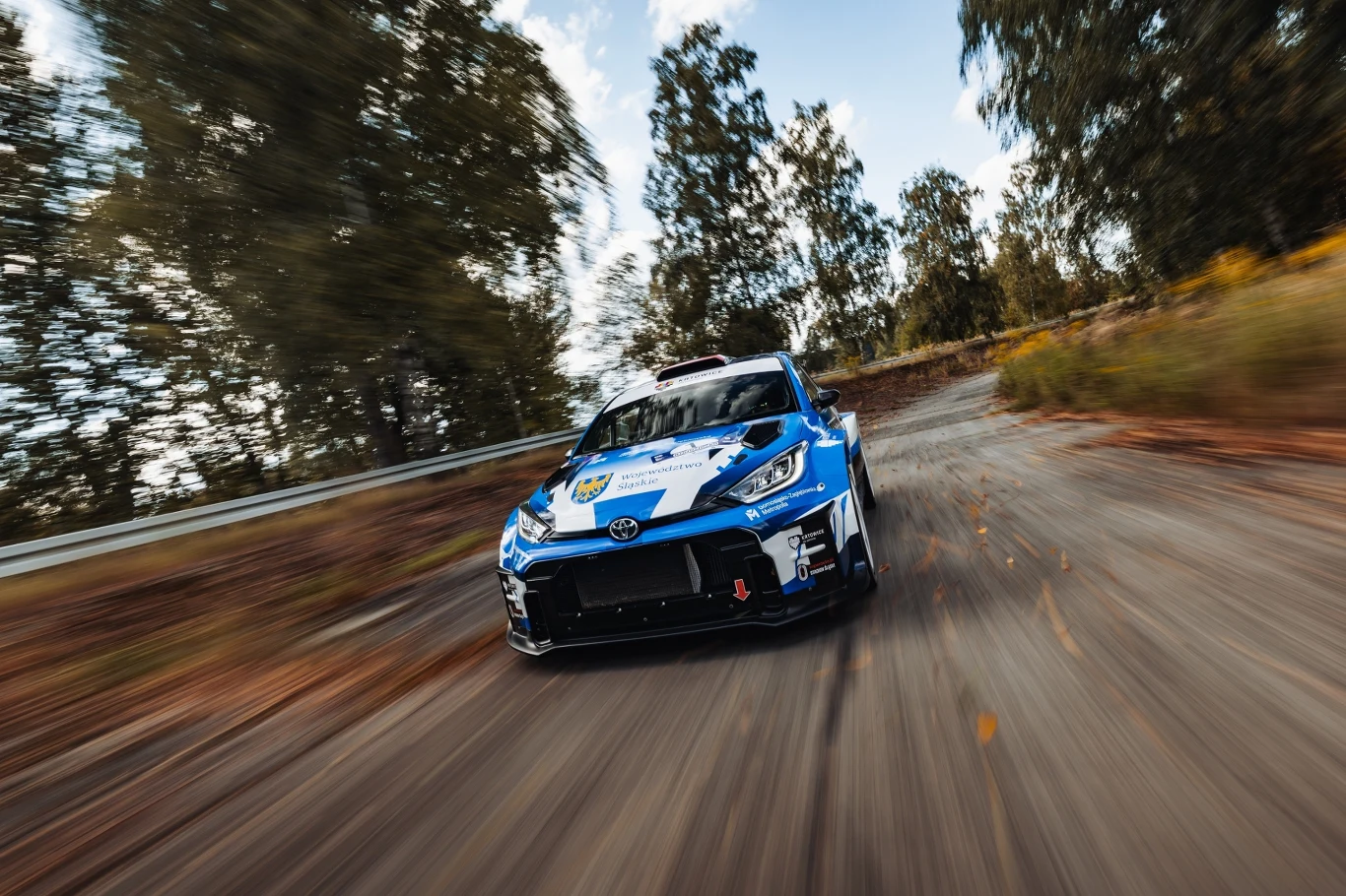 Rajd Śląska 2025 Samochód rajdowy w niebiesko-białych barwach pędzi po krętej drodze otoczonej drzewami, w tle widoczne rozmazane liście podkreślające dynamikę jazdy.