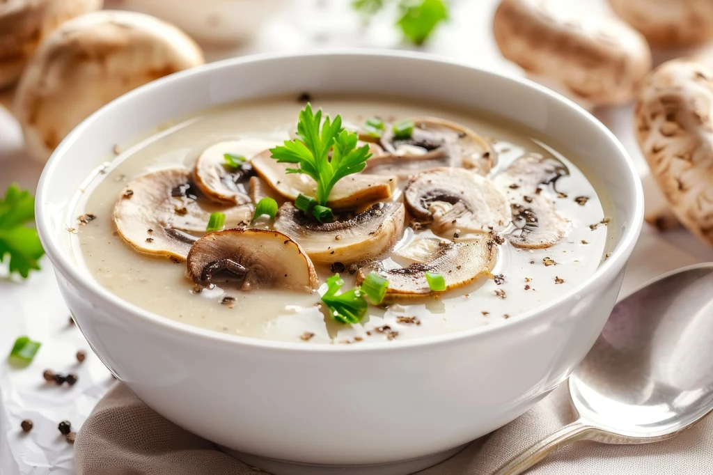 Kremowa zupa pieczarkowa w białej misce, udekorowana plasterkami świeżych pieczarek, posypana świeżą pietruszką oraz szczypiorkiem, obok łyżka i całe grzyby w tle.