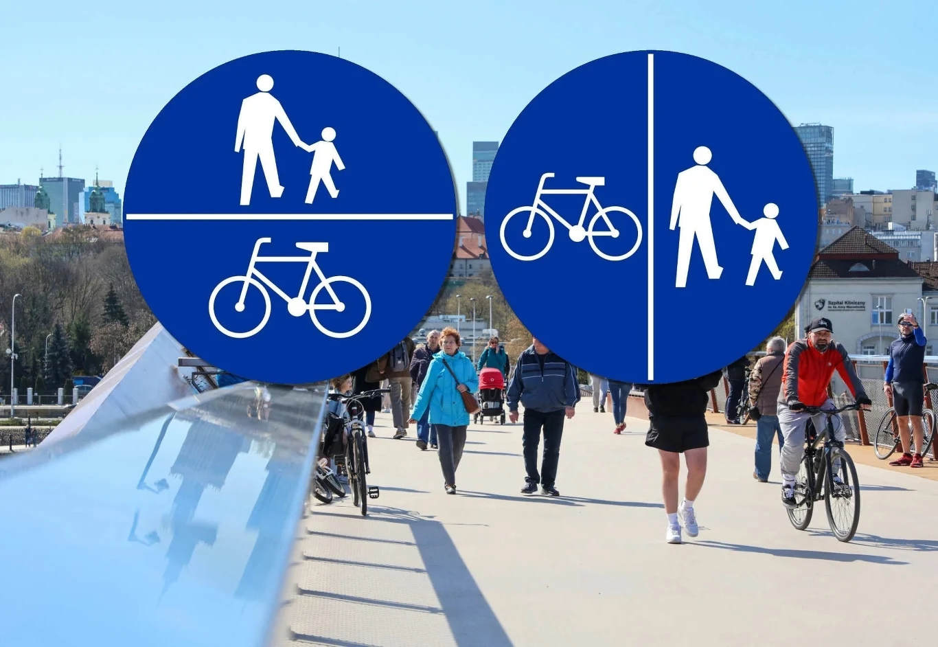 Oznaczają coś innego, a jednak mogą występować razem. Znaki C-13 i C-16. Zatłoczony most miejski z osobami pieszymi i rowerzystami oraz dużymi znakami drogowymi informującymi o podziale trasy na oddzielne części dla ruchu pieszego i rowerowego.