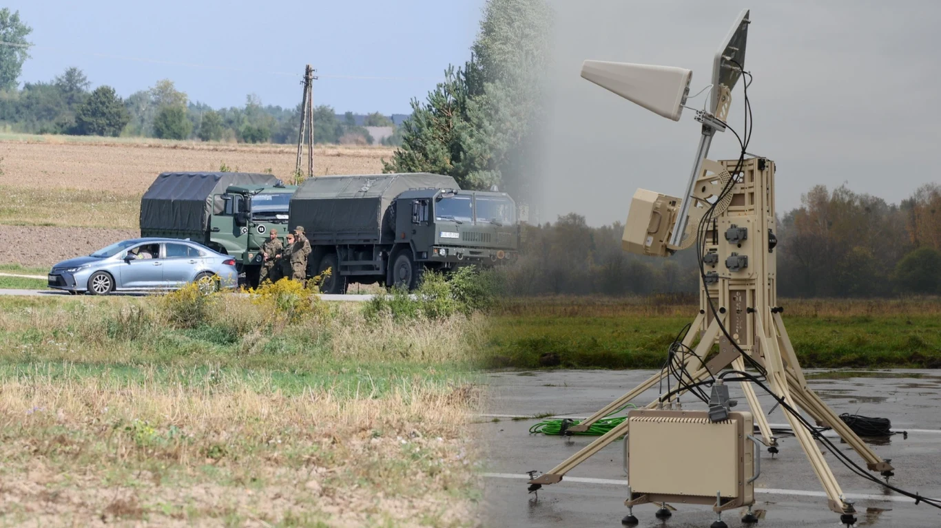 Dron spadł m.in. w okolicy Mniszkowa. Z prawej: fragment systemu SKYctrl Wojskowe ciężarówki i żołnierze stojący przy samochodzie osobowym na polnej drodze, po prawej stronie profesjonalny sprzęt elektroniczny na statywie na tle otwartej przestrzeni.