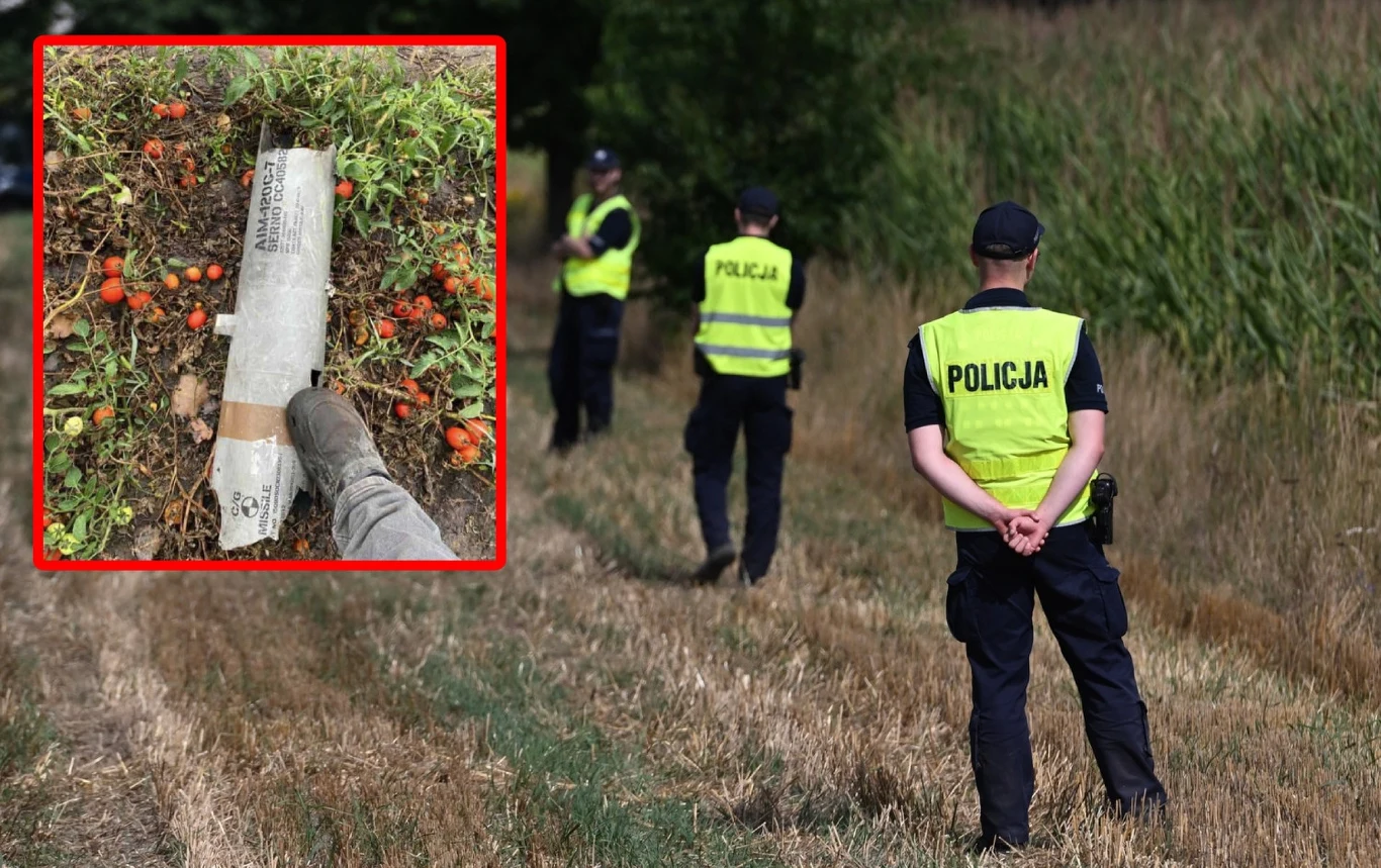 Pocisk rakietowy AIM-120C-7 służący do zestrzelenia rosyjskiego drona. Polskie służby szukają kolejnych rozbitych obiektów Trzech policjantów w kamizelkach odblaskowych patroluje pole w otoczeniu wysokiej trawy, a w powiększeniu widoczny fragment pocisku leżący wśród roślin na ziemi.