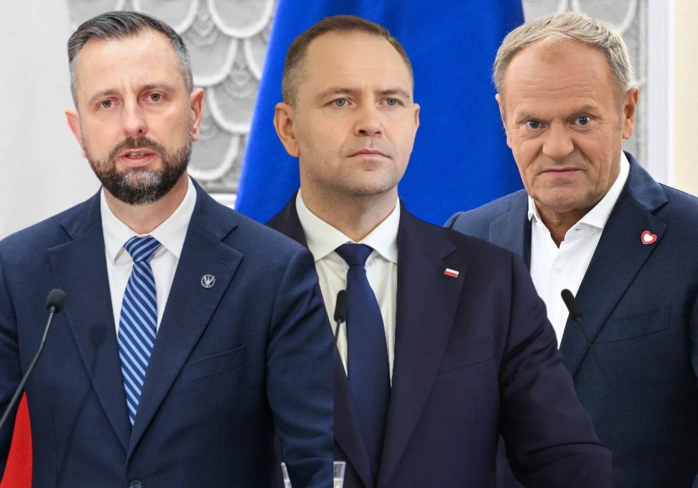 Rosyjskie drony w Polsce. W czwartek szef MON przedstawi informację w Sejmie. Prezydent i premier pojadą do lotniczych baz wojskowych Trzech mężczyzn ubranych w garnitury stoi przy mikrofonach na tle państwowych flag i elementów ozdobnych wnętrza, prezentując poważne wyrazy twarzy.