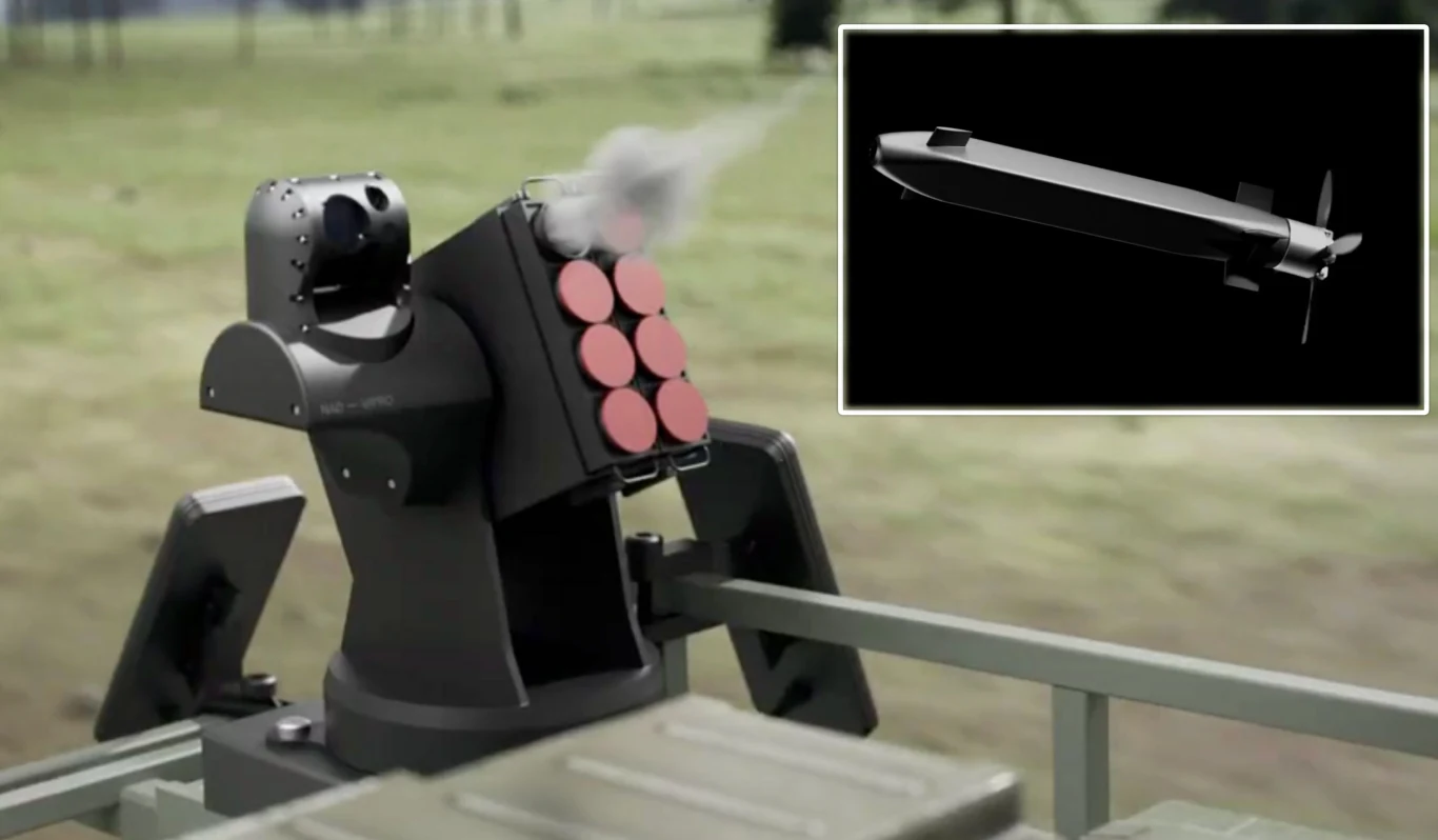 VIPRO: Volvo Defense i Nordic Air Defence tworzą mobilny system antydronowy dla Europy System uzbrojenia zamontowany na pojazdzie terenowym z widocznymi sześcioma wyrzutniami, z których jedna właśnie została wystrzelona. W prawym górnym rogu zbliżenie ukazujące pojedynczy pocisk w locie.