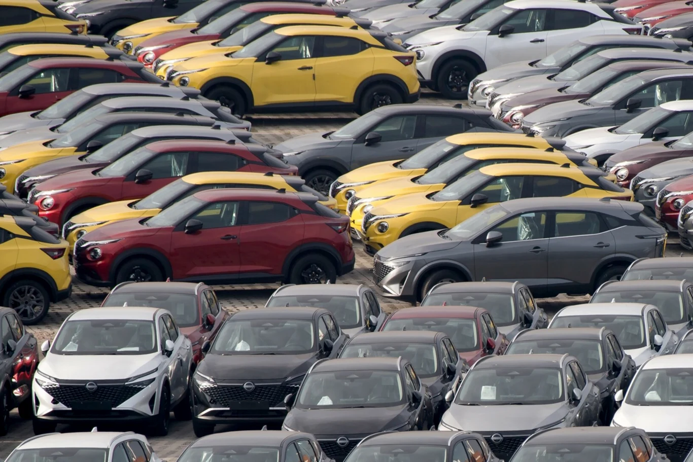 Kolor auta zdradza naszą inteligencję? Te barwy wybierają osoby z niższym IQ Zaparkowane nowe samochody różnych marek oraz kolorów ustawione w równych rzędach na dużym placu, dominują odcienie szarości, czerwieni i żółci.