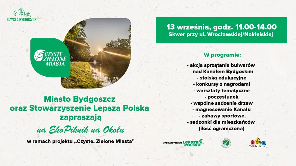 Plakat promocyjny wydarzenia EkoPiknik na Okolu, zawiera informacje o programie, terminie i miejscu imprezy ekologicznej, elementy graficzne związane z naturą i logo organizatorów.