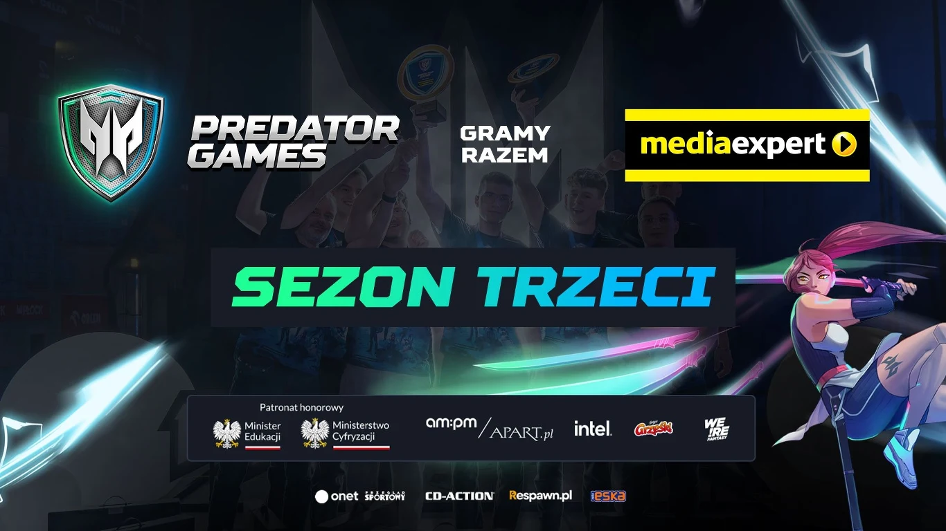 We!re Fanstasy Centralne miejsce zajmuje hasło 'Sezon trzeci' otoczone logotypami partnerów oraz grafiką promującą rozgrywki e-sportowe, z dynamiczną postacią kobiety w stylu kreskówkowym po prawej stronie, dookoła tło utrzymane w ciemnej kolorystyce z neonowymi akce...