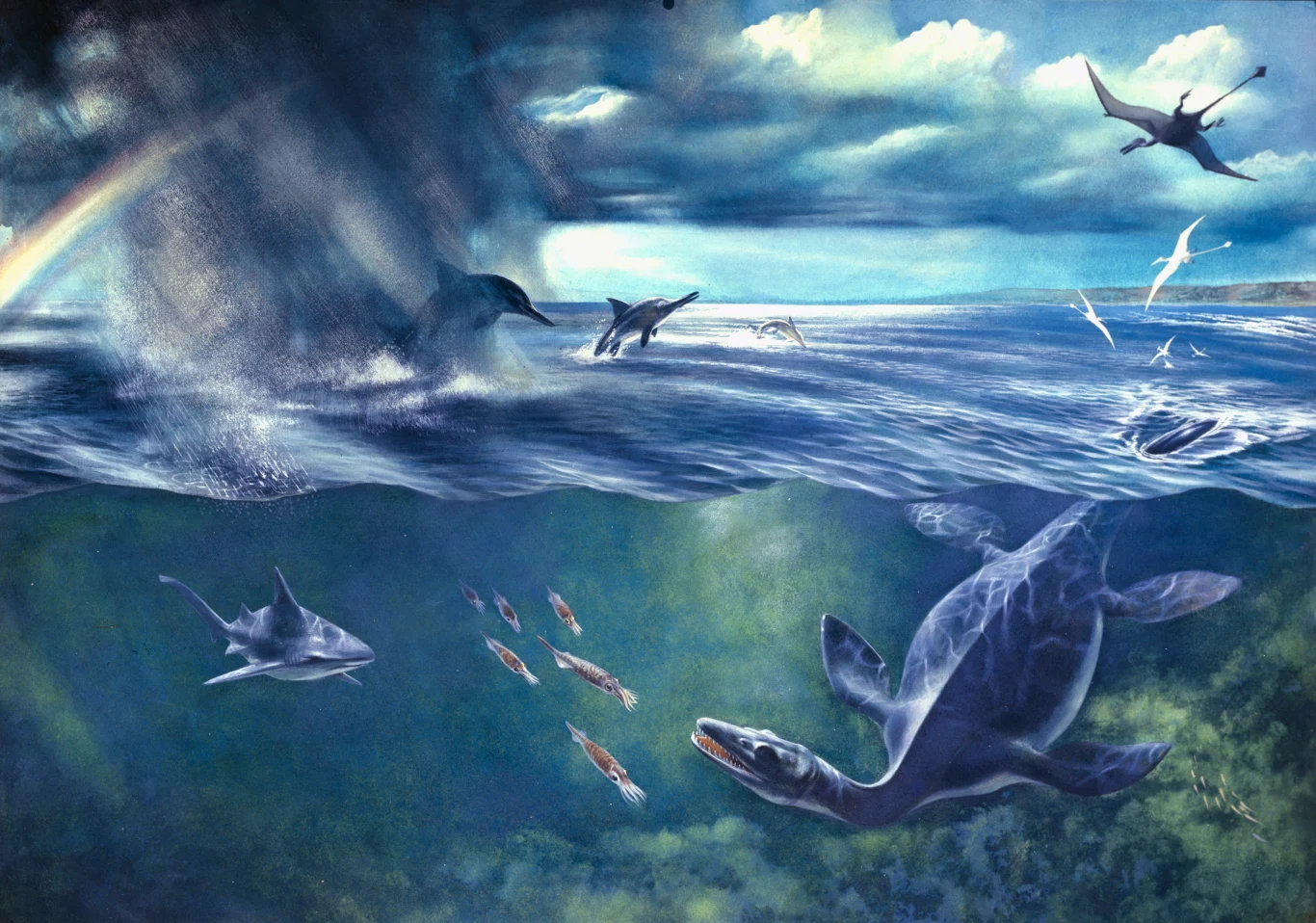 Krajobraz jurajski z pterozaurem, ichtiozaurem i plezjozaurem. Mogły wtedy szaleć potężne burze Dynamiczna scena prehistoryczna z dinozaurami morskimi i powietrznymi, w tle tęcza oraz burzowe chmury, pod powierzchnią wody widoczne drapieżniki i ławica głowonogów.