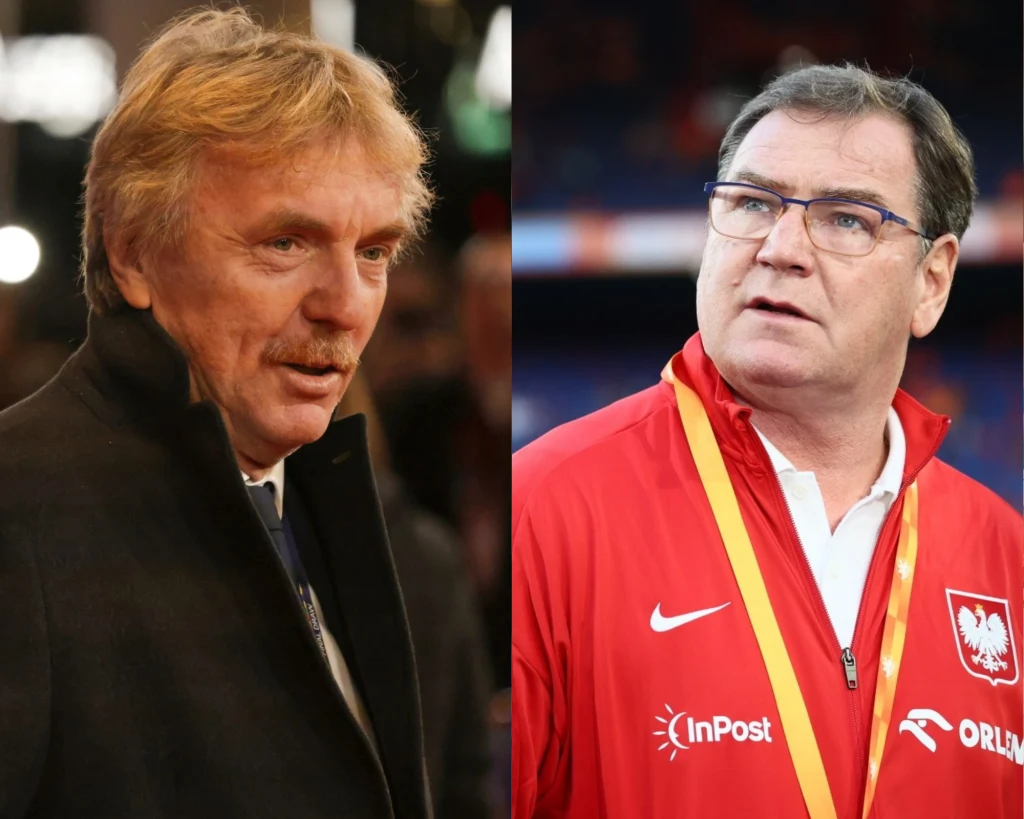 Zbigniew Boniek i Jan Urban Po lewej stronie mężczyzna w ciemnym płaszczu, o jasnych włosach i wąsach, na tle niewyraźnych świateł. Po prawej mężczyzna w okularach w czerwonej kurtce z godłem Polski i logo sponsora, skupiony podczas wydarzenia sportowego.