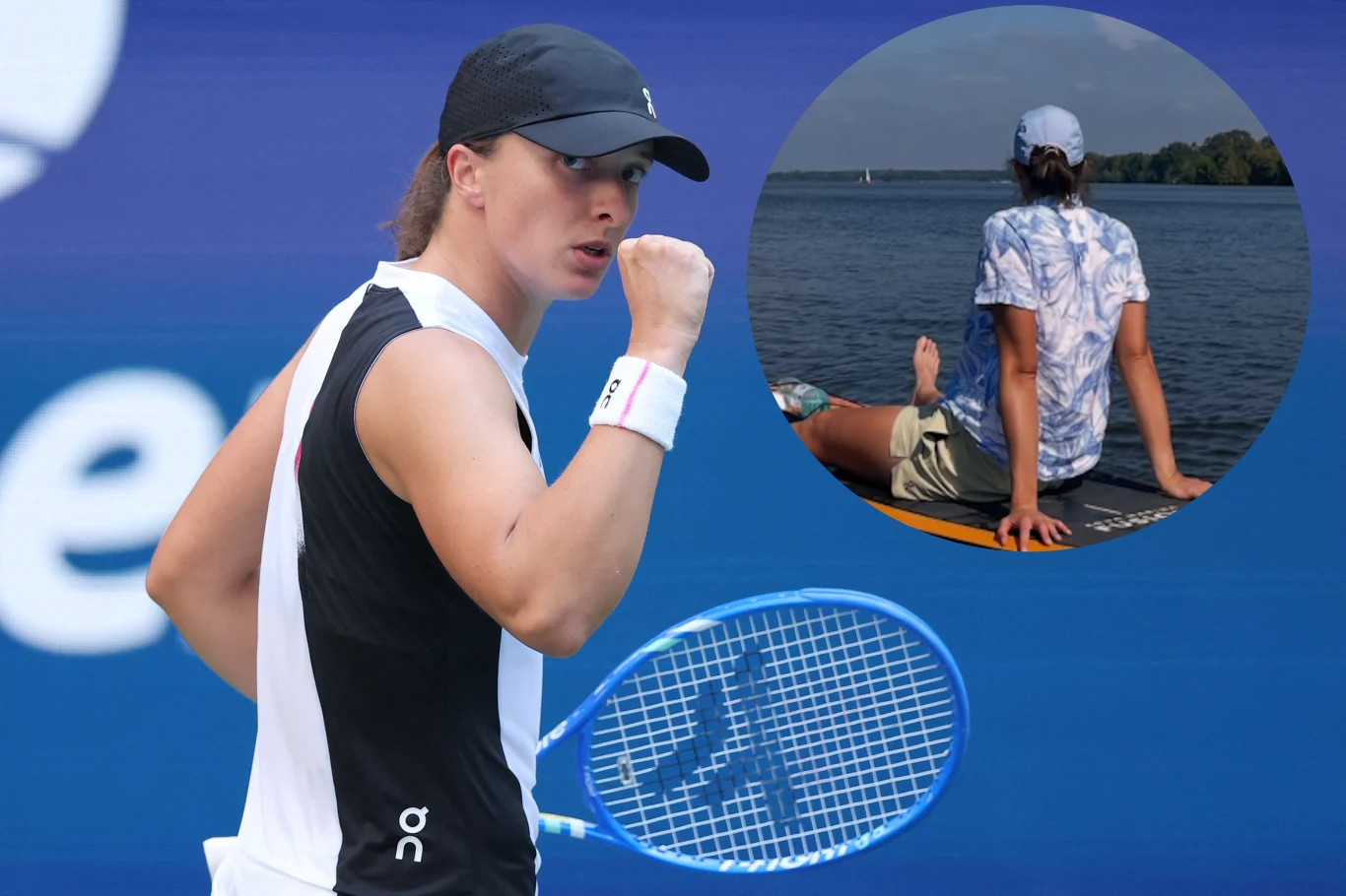 Tenisistka w sportowym stroju wykonuje gest zwycięstwa na tle niebieskiego kortu tenisowego, w okrągłej wstawce widoczna ta sama osoba odpoczywająca na brzegu jeziora, zwrócona tyłem do aparatu.