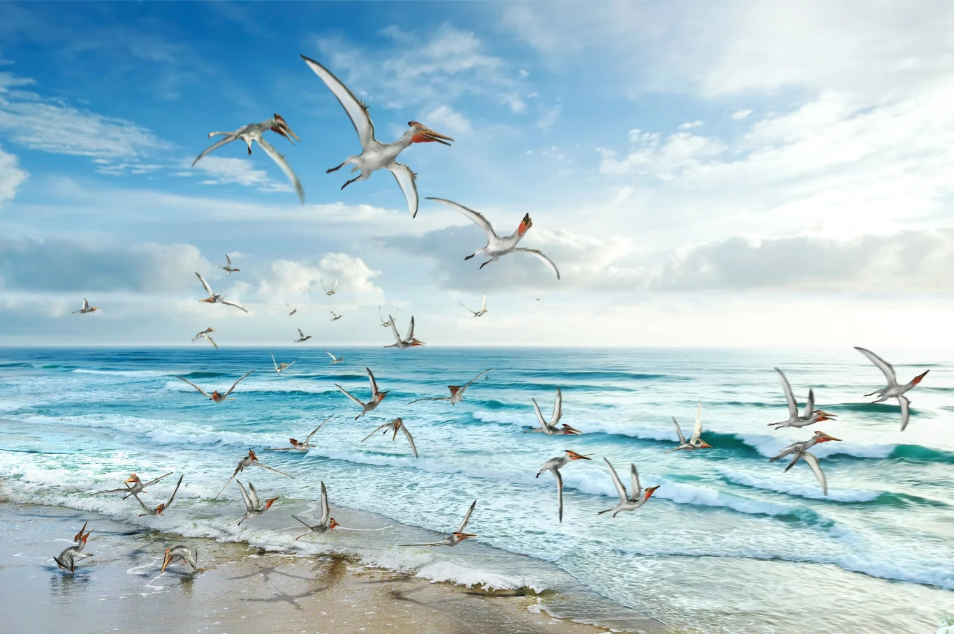 Pterodaktyle zamieszkiwały brzegi tropikalnych mórz jury Stado mew unoszących się i latających nad błękitnym morzem, spokojna fala rozmywa się na piaszczystej plaży, na niebie lekkie obłoki i jasne światło dzienne.