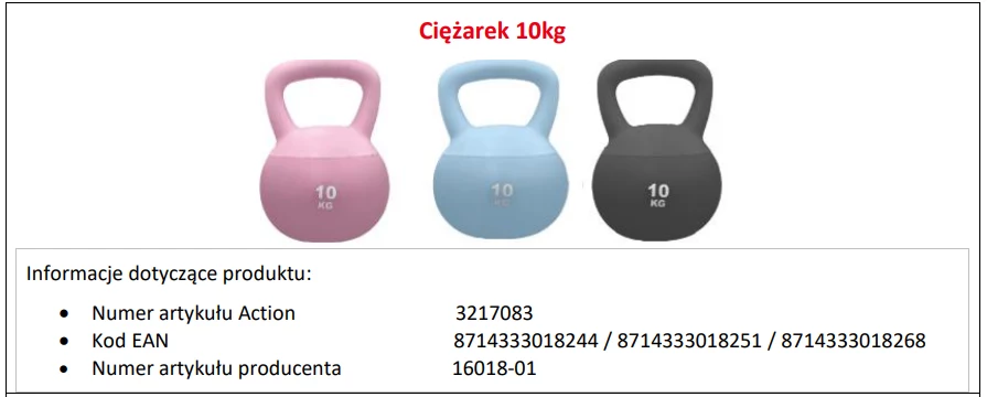 Trzy kettlebelle o wadze 10 kg w kolorach różowym, niebieskim i czarnym ustawione obok siebie na białym tle, poniżej widoczne szczegółowe informacje dotyczące produktu, takie jak numery katalogowe i kody EAN.
