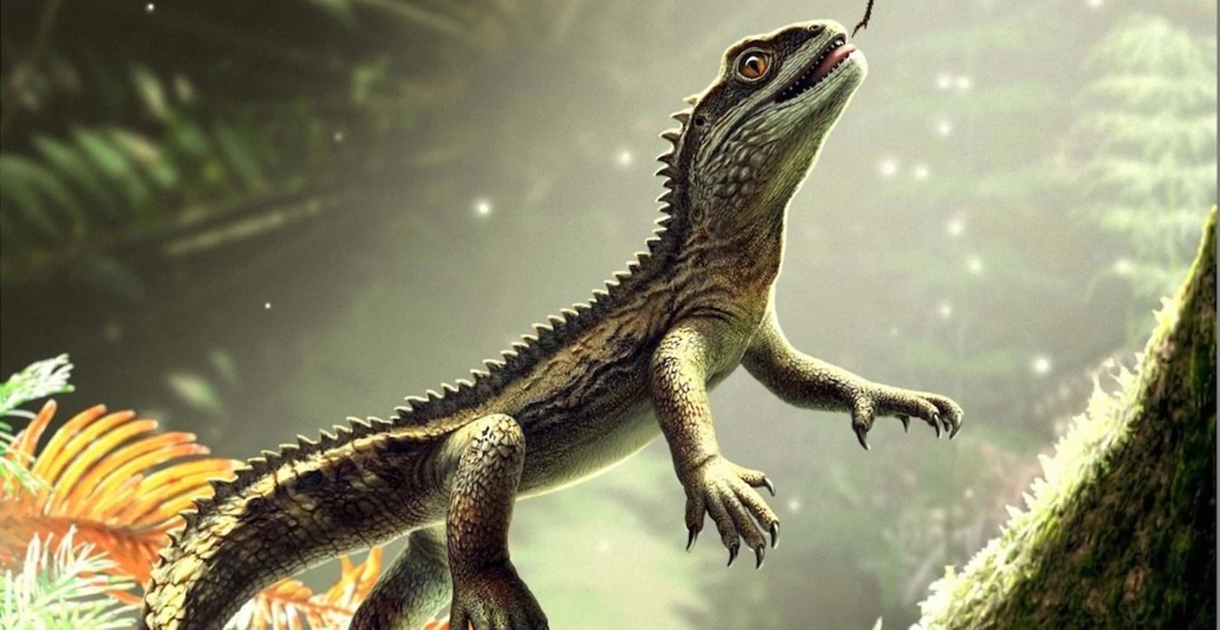 Agriodontosaurus to przodek współczesnych jaszczurek Gad o długim ogonie i charakterystycznych łuskach wspina się na omszały konar w otoczeniu bujnej roślinności prehistorycznego lasu, z rozwiniętym językiem i ostrymi pazurami.