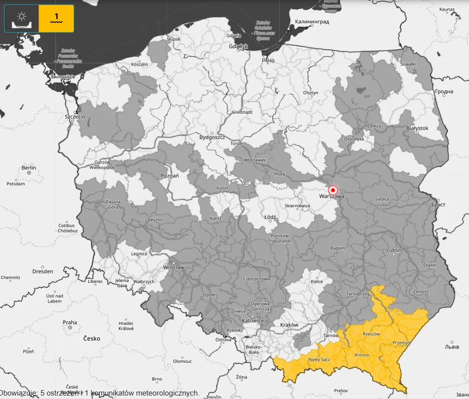 W większości Polski cały czas mamy do czynienia z suszą hydrologiczną. Chwilowo tylko na Małopolsce i Podkarpaciu mogą występować gwałtowne przyrosty na rzekach Mapa Polski z zaznaczonymi obszarami objętymi ostrzeżeniami meteorologicznymi; południowo-wschodnia część kraju wyróżniona kolorem żółtym, reszta obszarów w różnych odcieniach szarości, oznaczających brak ostrzeżeń.