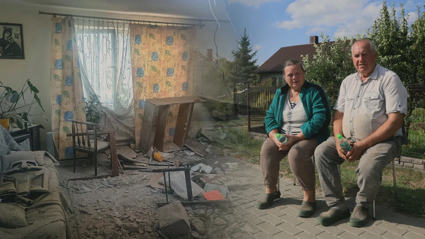 Państwu Ala i Tomaszowi Wesołowskim dron zniszczył dom, zdjęcia źródłowe: Wojciech Olkusnik/East News (prawe), Dariusz Stefaniuk/REPORTER (lewe) Zniszczone wnętrze mieszkania z rozsypanymi gruzami po eksplozji oraz para starszych osób siedzących obok siebie na ławce na tle ogrodu.