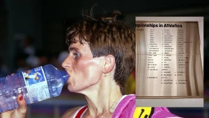 Wanda Panfil po sukcesie w mistrzostwach świata w Tokio. Obok tablica pamiątkowa na nowym stadionie w stolicy Japonii