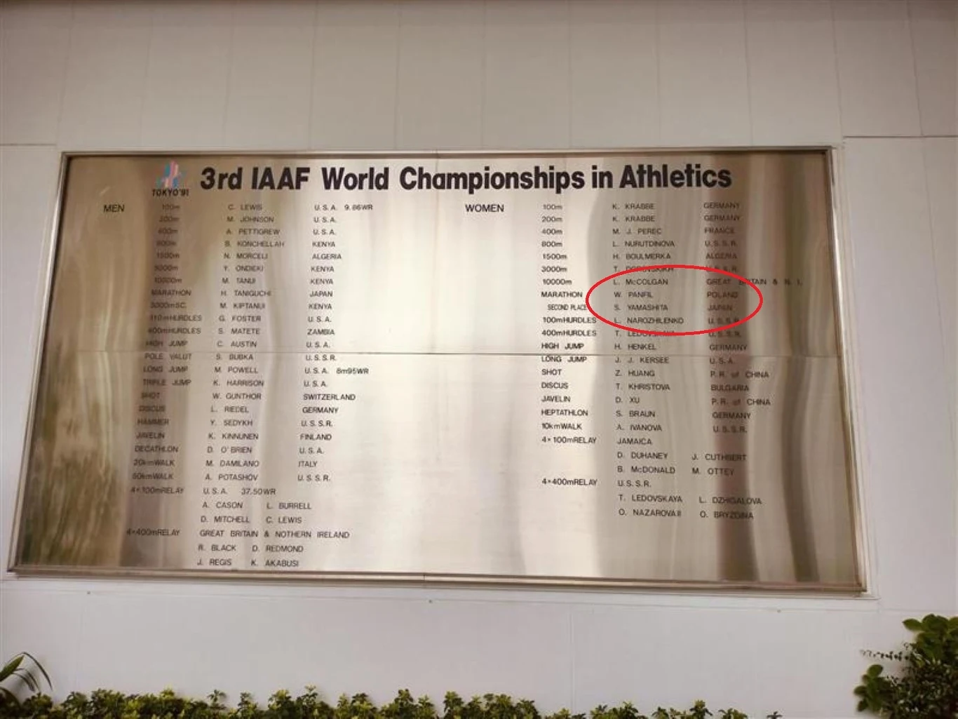 Tablica z wynikami 3. Mistrzostw Świata w Lekkoatletyce IAAF, zawierająca szczegółowy wykaz konkurencji biegowych, skoku w dal, skoku wzwyż, rzutów oraz nazwiska medalistów i reprezentowane przez nich kraje, napisy wyryte na metalowej powierzchni.