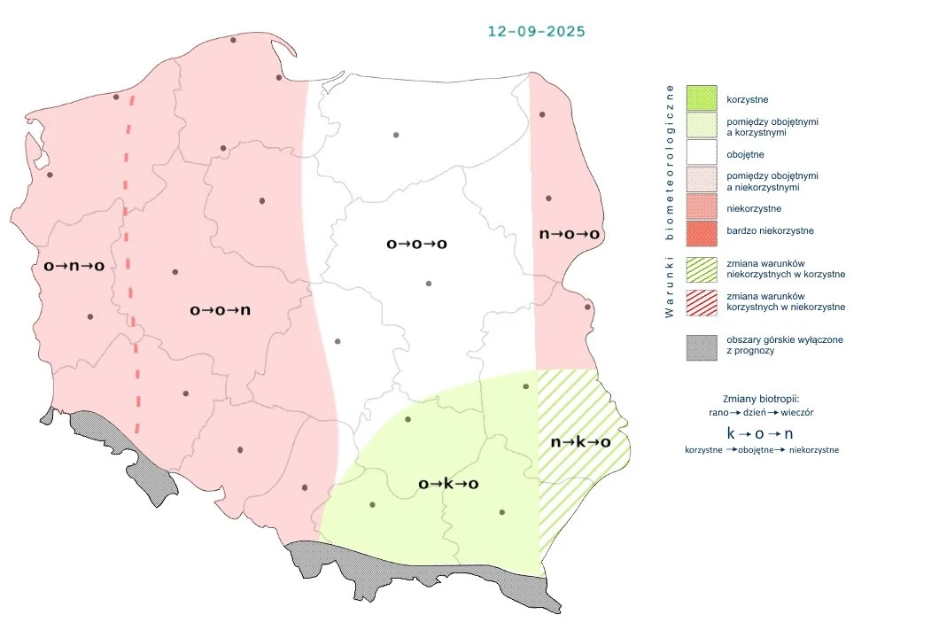 Na zachodzie i częściowo na południu warunki czasowo będą niekorzystne, przede wszystkim z powodu przelotnych deszczów i burz Mapa Polski z podziałem na strefy biometu na dzień 12 września 2025 roku, z legendą wyjaśniającą stopień korzystności warunków biometeorologicznych; różne obszary oznaczone kolorami wskazującymi na korzystność, niekorzystność lub obojętność biometu.