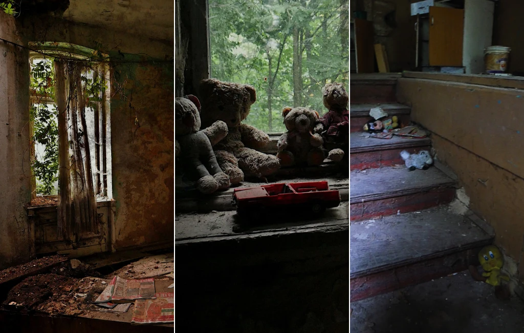 Opuszczone i zrujnowane wnętrza, w których światło wpada przez zniszczone okna, porozrzucane zabawki i pluszowe misie, zaniedbane schody oraz ślady upływającego czasu podkreślają atmosferę opuszczenia i nostalgii.