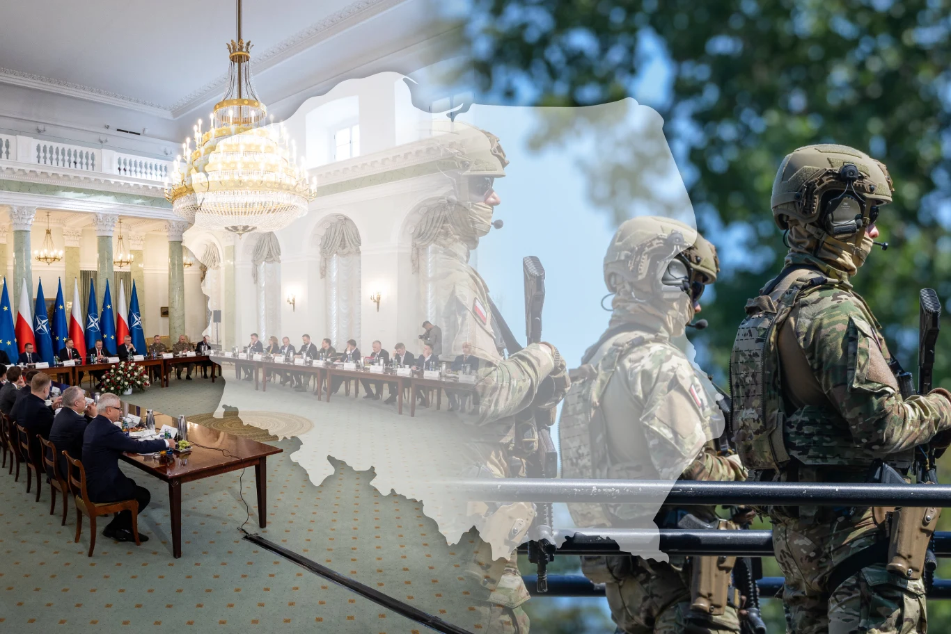Polska może stać się pionkiem w rosyjskiej grze o NATO Mapa Polski wypełniona przezroczystym zdjęciem uzbrojonych żołnierzy w mundurach wojskowych na tle drzewa, po lewej stronie elegancka sala z urzędnikami i flagami Polski oraz Unii Europejskiej.