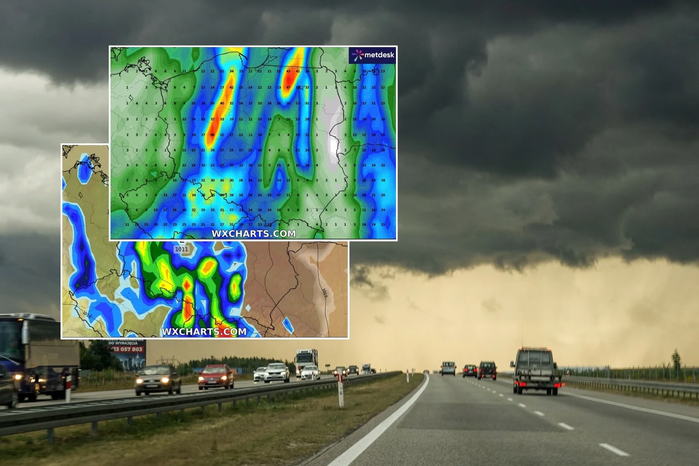 Weekend będzie deszczowy i burzowy, szczególnie w niedzielę. Tego dnia suma opadów może miejscami przekroczyć 40 litrów wody na metr kwadratowy Autostrada z samochodami jadącymi pod ciemnym, burzowym niebem, w tle mapa pogodowa z prognozami intensywnych opadów deszczu i burz.
