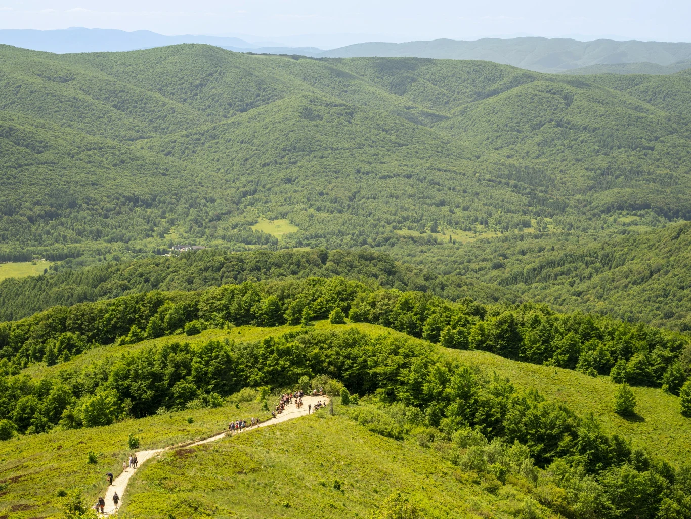 Zielone wzgórza pokryte gęstym lasem, w centrum widoczna ścieżka na grzbiecie, po której spacerują ludzie, na horyzoncie rozciągają się kolejne pasma gór