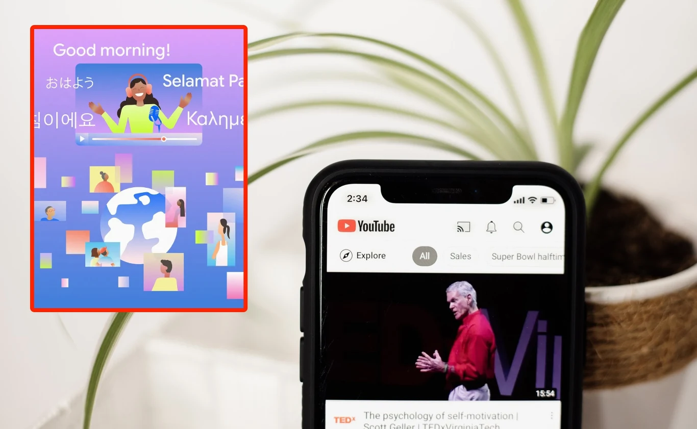 YouTube udostępnia wielojęzyczne ścieżki audio. To koniec barier językowych dla milionów użytkowników Telefon na tle rośliny doniczkowej wyświetlający aplikację YouTube z wykładem TED, obok kolorowa grafika z napisem Good morning w wielu językach oraz postaci znad globusa symbolizująca różnorodność kulturową.