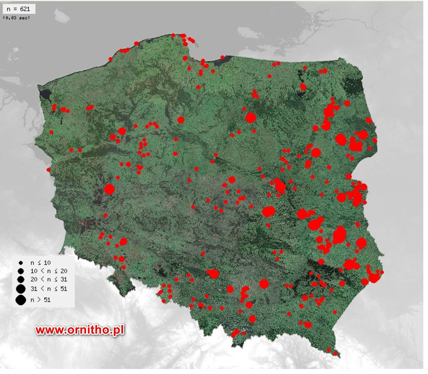Mapa Polski przedstawiająca rozmieszczenie punktów oznaczających obserwacje przyrodnicze, zaznaczone czerwonymi okręgami o różnej wielkości, ilustrując ich zagęszczenie w różnych regionach kraju.