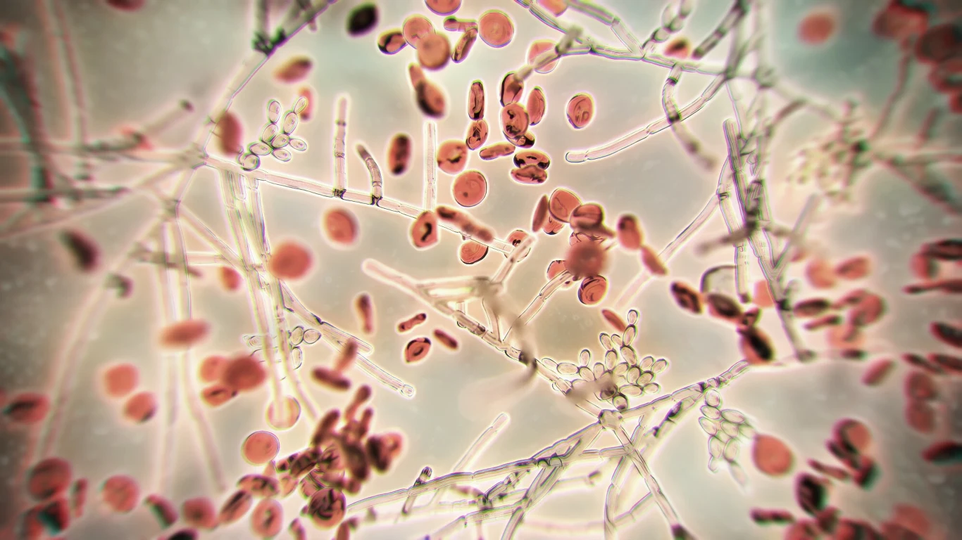 Groźny grzyb Candida auris najczęściej atakuje w szpitalach osoby z obniżoną odpornością. Struktury grzybów i zarodników widoczne pod mikroskopem, rozmieszczone nieregularnie na jasnym tle, liczne okrągłe oraz wydłużone formy biologiczne.