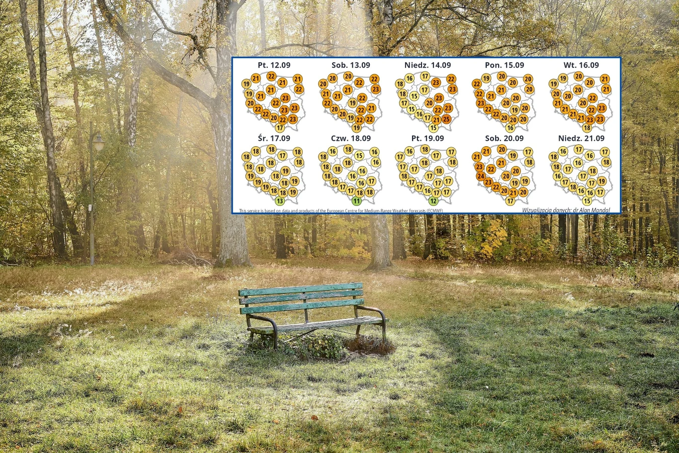 W połowie przyszłego tygodnia zrobi się chłodniej. Potem temperatury w Polsce będą już typowe dla tej pory roku Pusta ławka stojąca na polanie w parku otoczonym drzewami w jesiennej scenerii, nad którą umieszczono wykresy pogodowe z prognozami na kolejne dni.