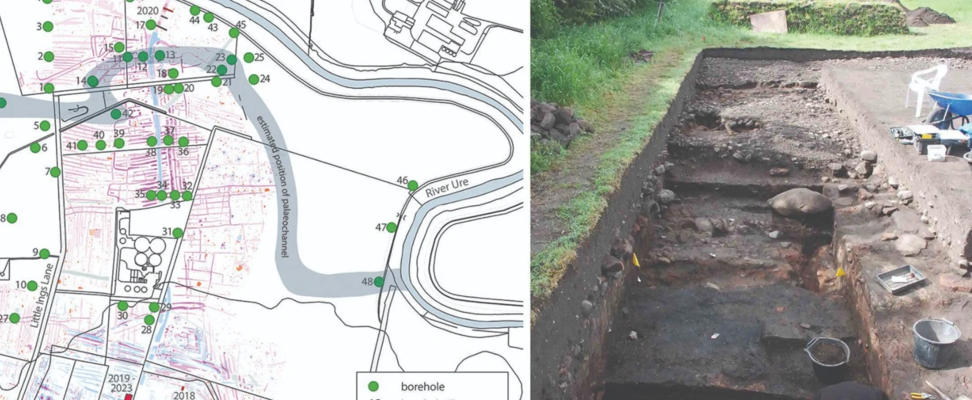 Geofizyczna mapa Aldborough oraz wykopaliska w rzymskim kompleksie metalurgicznym z 2021 r. Plan geologiczny z rozmieszczeniem punktów badawczych po lewej stronie oraz wykop archeologiczny z zaznaczonymi warstwami ziemi, narzędziami i fragmentami odkryć po prawej stronie.