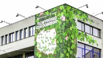 Duży mural na ścianie budynku przedstawiający mapę Polski pokrytą motywami roślin i sloganem TU WYROSŁO COŚ DOBREGO, otoczoną bujną zielenią i kwiatami.