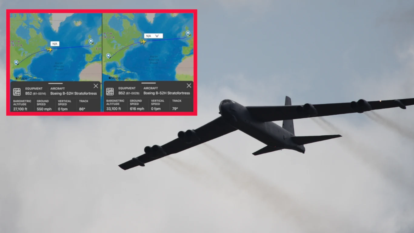 Do Wielkiej Brytanii przyleciały bombowce B-52. Co jest celem USA? Samolot wojskowy B-52 Stratofortress lecący na tle pochmurnego nieba, w lewym górnym rogu widnieje wstawka z mapą lotów, przedstawiająca szczegóły trasy i informacje techniczne dotyczące dwóch tego typu samolotów.