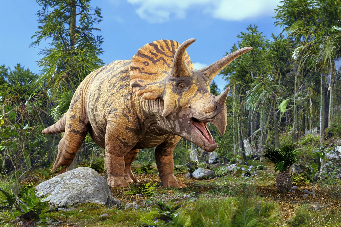 Duży dinozaur z wyraźnym kołnierzem kostnym i trzema rogami, stojący pośród bujnej roślinności w prehistorycznym lesie, jasnoniebieskie niebo z kilkoma chmurami.