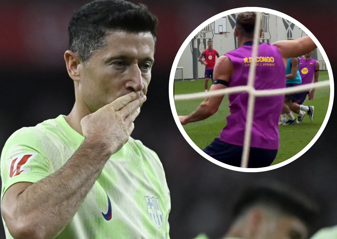Robert Lewandowski Piłkarz Barcelony w jasnej koszulce wykonuje gest ręką w kierunku twarzy, w tle znajduje się dodatkowe okrągłe wstawienie prezentujące inną scenę z zawodnikami podczas treningu na boisku sportowym.