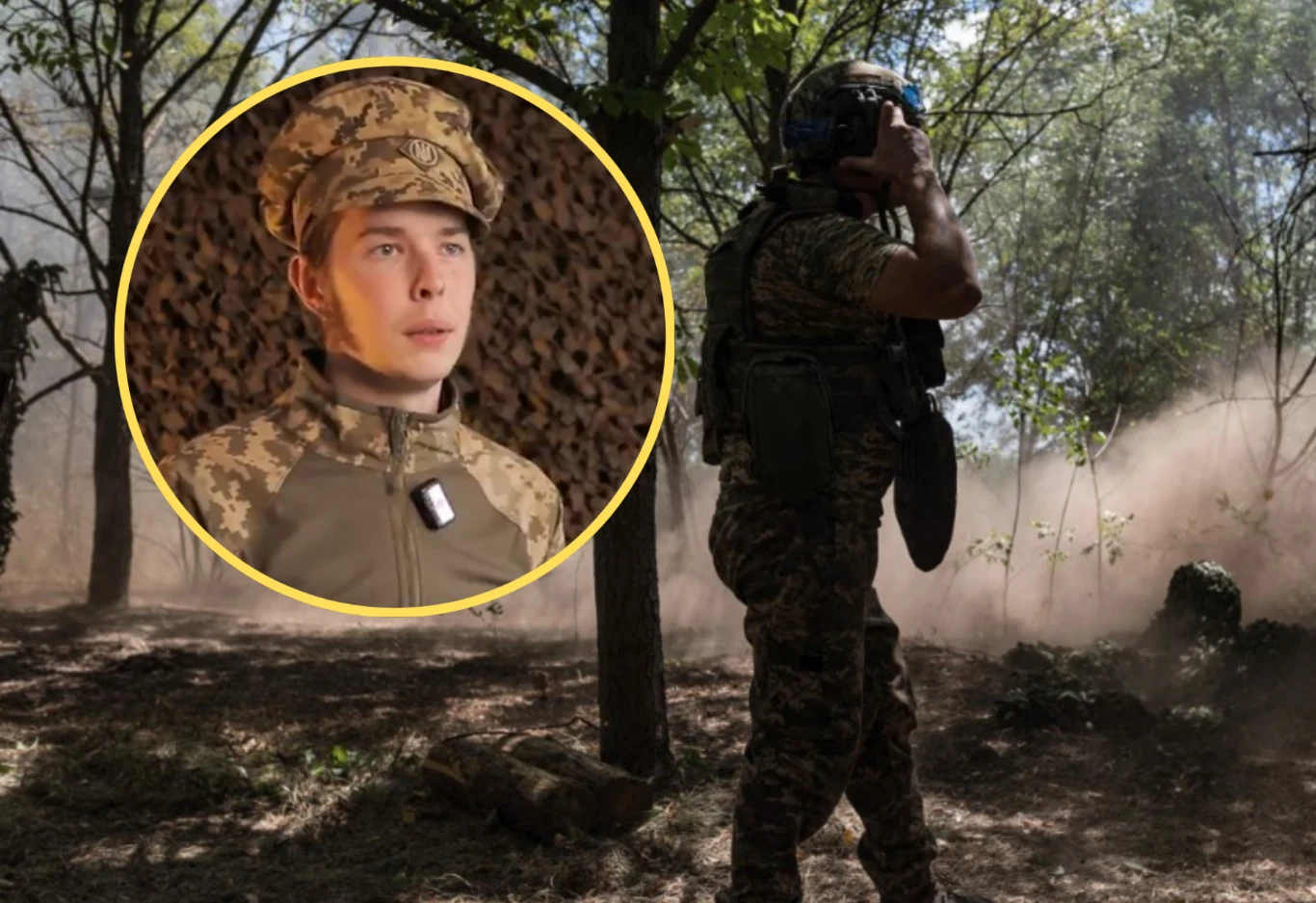 18-letni Polak Wojciech Antoni walczy w ukraińskiej armii Żołnierz w mundurze kamuflażowym rozmawiający przez radio w lesie, obok niego unoszący się kurz i światło przesączające się przez gałęzie drzew, wstawka z portretem młodego żołnierza w mundurze.