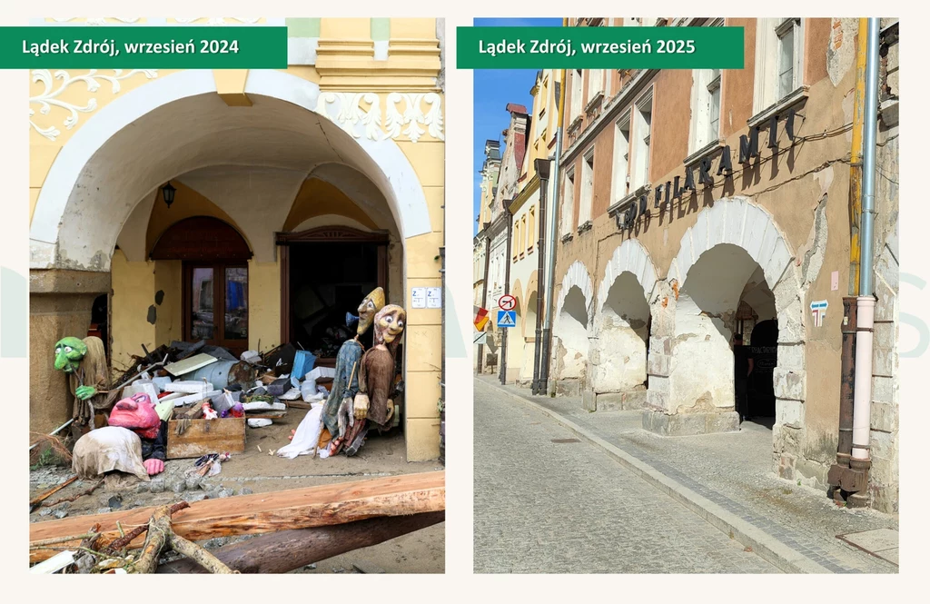 Po lewej stronie widać zniszczone wejście do kamienicy z licznymi śmieciami, gruzem i przedmiotami wyniesionymi na zewnątrz, a po prawej stronie tę samą kamienicę po remoncie z odnowioną fasadą i czystym chodnikiem.