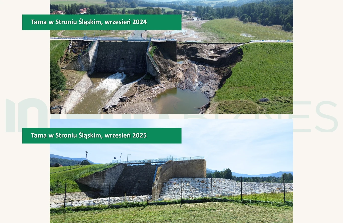Tama w Stroniu Śląskim po roku od jej zerwania nadal nie została w pełni zabezpieczona Uszkodzona tama wodna w Stroniu Śląskim oraz jej odbudowana wersja po rekonstrukcji, widoczne różnice w przebiegu linii wodnej i strukturze terenu wokół obiektu, ogrodzenie ochronne i krajobraz górski w tle.