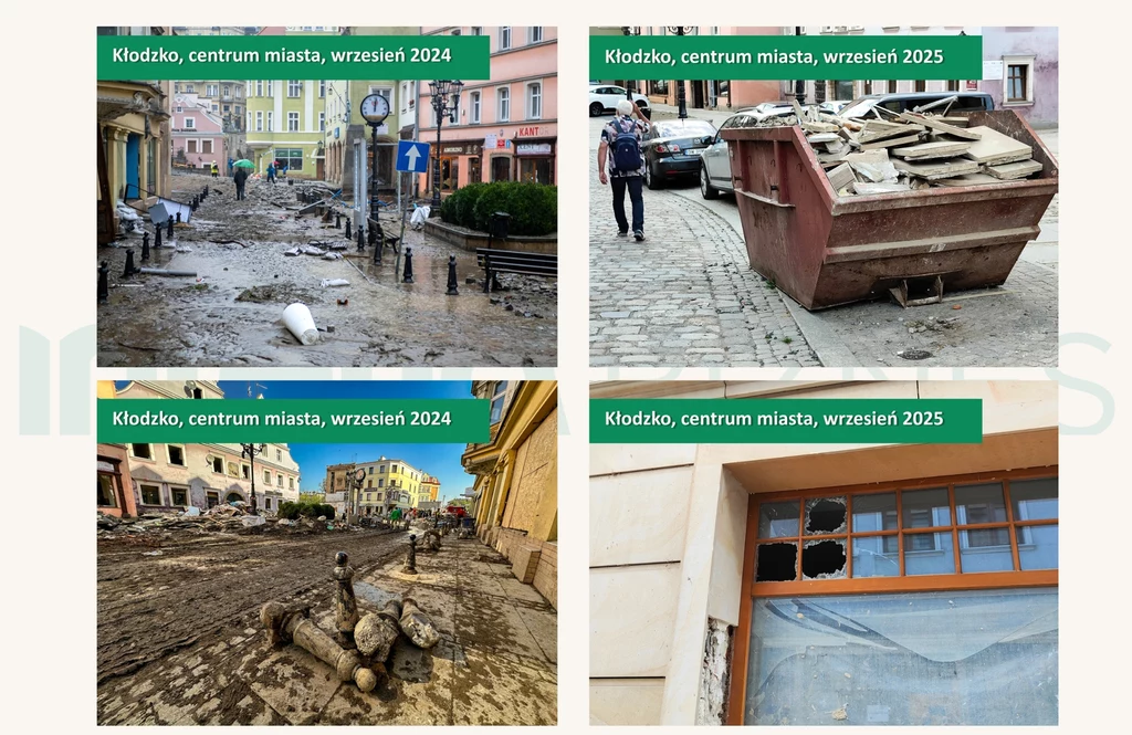 Zniszczone ulice i chodniki w centrum miasta, gruzy oraz odpady budowlane zalegające na bruku, uszkodzone okna w budynku, kontener wypełniony odpadkami – wszystko wskazuje na skutki klęski żywiołowej lub poważnego remontu miejskiego.