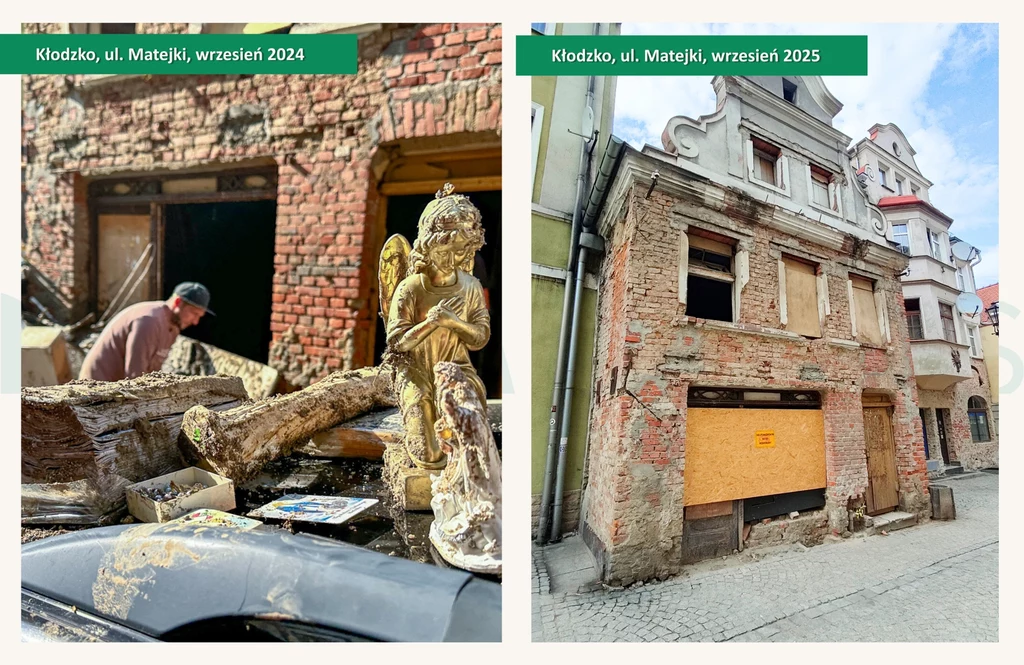 Uszkodzony budynek z odsłoniętą ceglaną elewacją, po lewej stronie widoczny mężczyzna stojący przy samochodzie z błotem i figurką anioła oraz fragmenty drewna, po prawej tej samej kamienicy z deskami zabezpieczającymi okna oraz wyraźnymi śladami zniszc...