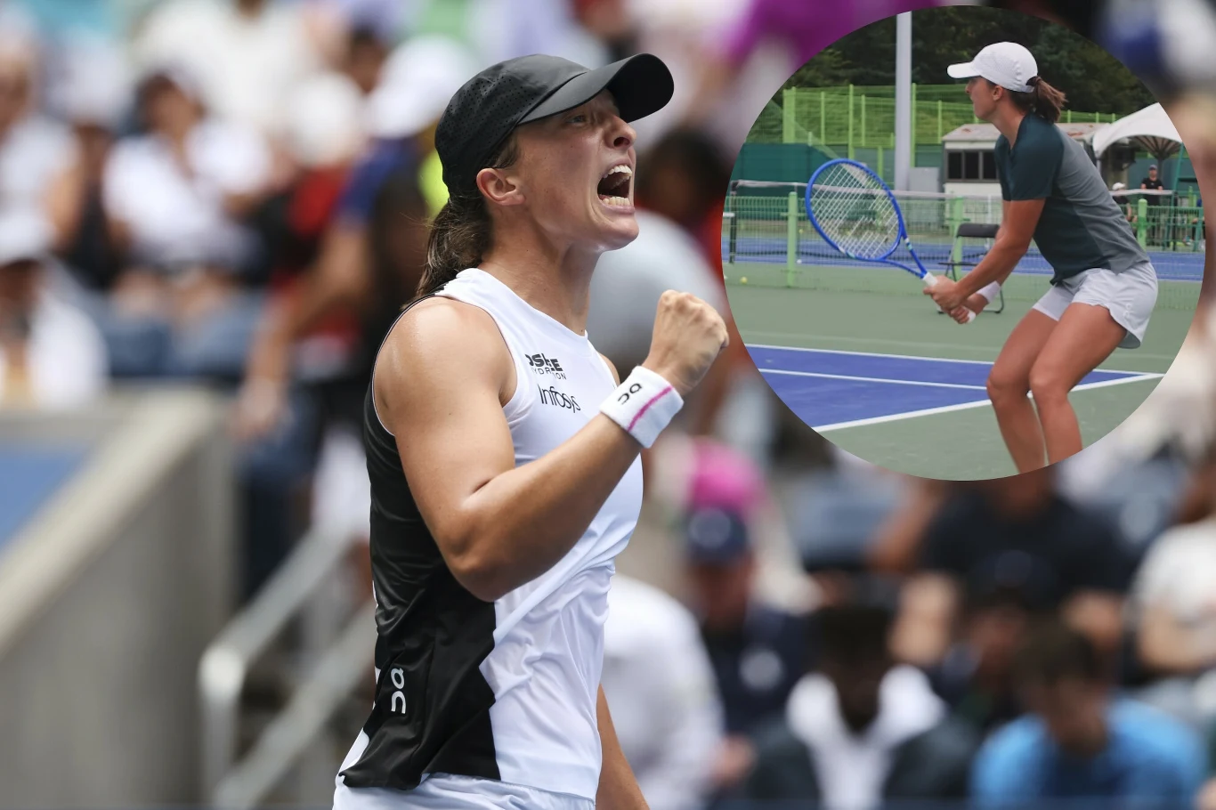 Zawodniczka tenisowa ubrana w sportowy strój wyraża silne emocje po udanym zagraniu, w tle widownia na trybunach; w okrągłym wstawieniu widoczna tenisistka przygotowująca się do serwisu na korcie.