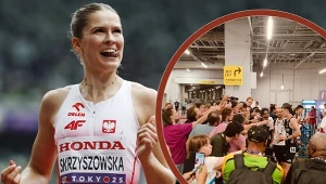 Pia Skrzyszowska, a w ramce tłum norweskich dziennikarzy skupiony wokół Jakoba Ingebrigtsena