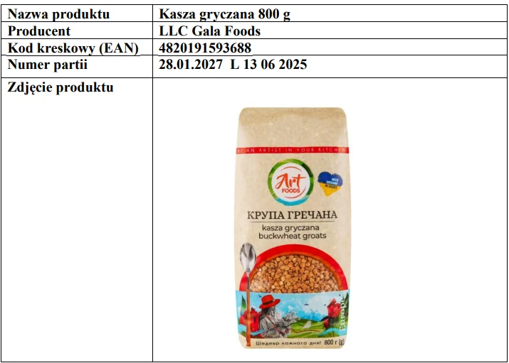 Opakowanie kaszy gryczanej marki Art Foods 800 g, z widocznymi oznaczeniami produktu oraz ilustracją przedstawiającą ziarna kaszy, naczynie i elementy ozdobne w dolnej części opakowania.