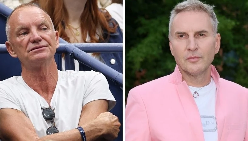 Krzysztof Gojdź komentuje zmiany w wyglądzie Stinga Po lewej stronie mężczyzna w białym t-shircie siedzi z założonymi rękami, ma krótkie włosy oraz okulary przeciwsłoneczne zawieszone na koszulce, po prawej stronie mężczyzna w różowej marynarce i białej koszulce stoi w zielonym otoczeniu, jego włosy są ...