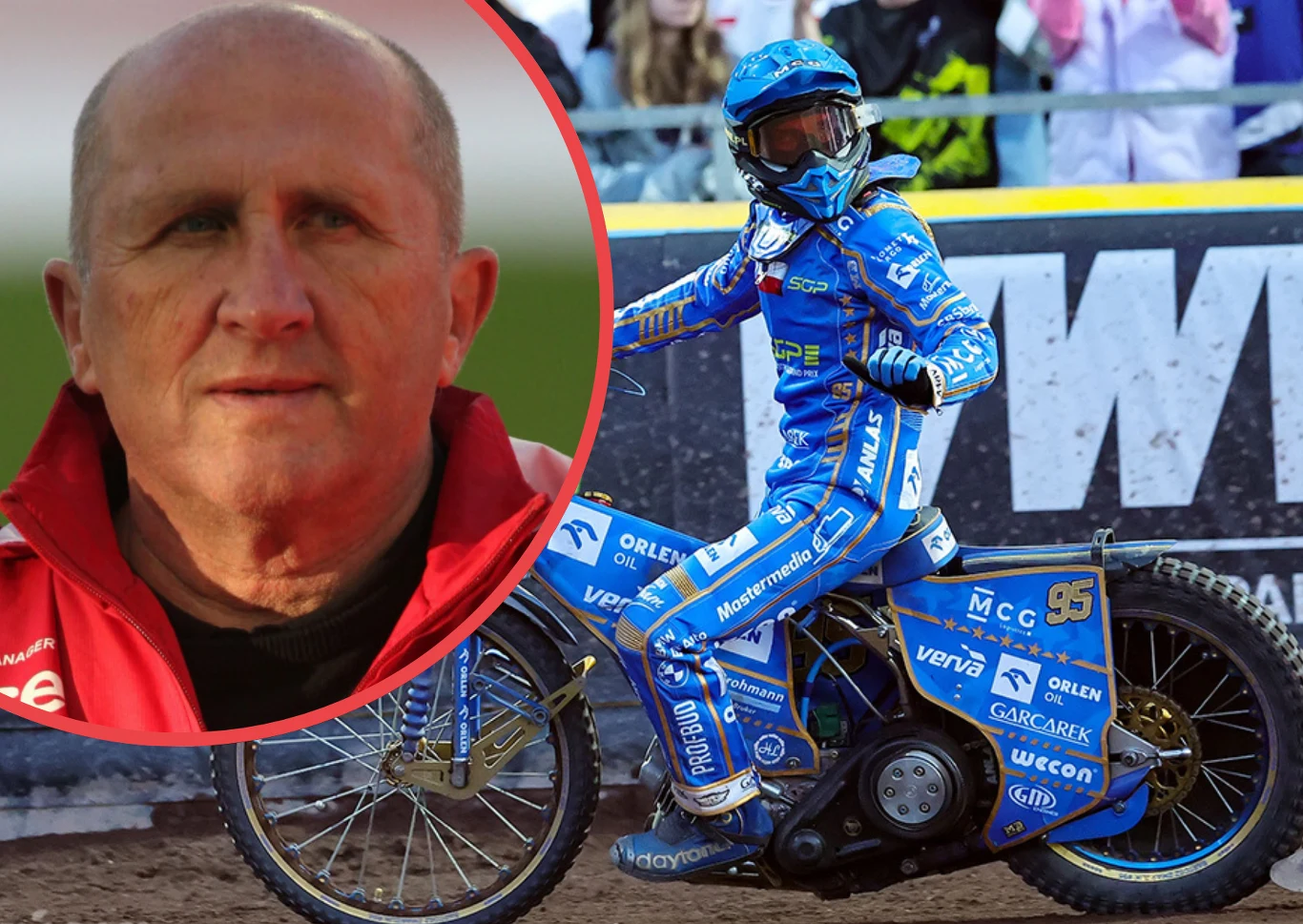 Marek Cieślak oburzony zachowaniem polskich kibiców po szóstym złocie Bartosza Zmarzlika. Zbliżenie twarzy starszego mężczyzny w ramce oraz motocyklista w niebieskim kombinezonie wyścigowym podczas zawodów żużlowych, stojący na motocyklu na torze.