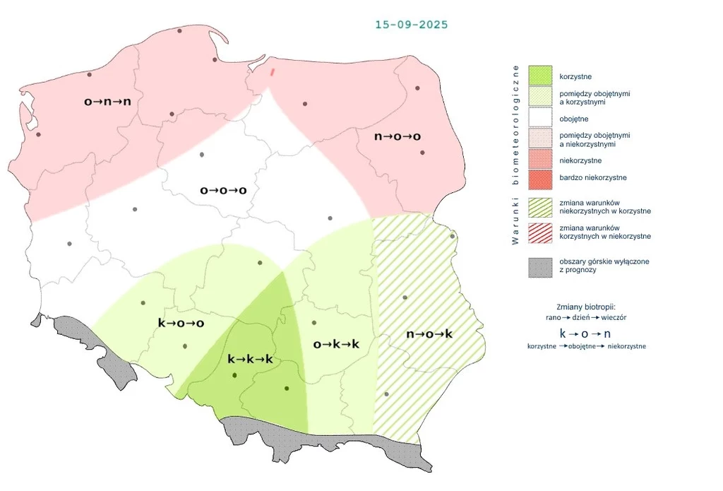 W poniedziałek pogoda na północy będzie mniej korzystna niż na południu kraju Mapa Polski z podziałem na regiony, różnokolorowe strefy oznaczają korzystne, niekorzystne oraz obojętne warunki biometeorologiczne na dzień 15-09-2025, legenda wyjaśnia znaczenie kolorów i symboli.