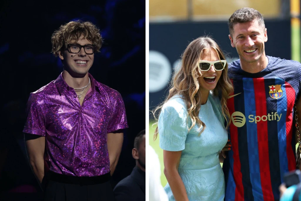 Mikołaj "Bagi" Bagiński oraz Anna i Robert Lewandowscy Po lewej stronie młody mężczyzna w błyszczącej fioletowej koszuli i okularach, uśmiecha się w stronę aparatu. Po prawej para, kobieta w jasnej sukience i mężczyzna w koszulce piłkarskiej FC Barcelony, oboje z szerokimi uśmiechami, w jasnym plenerze.