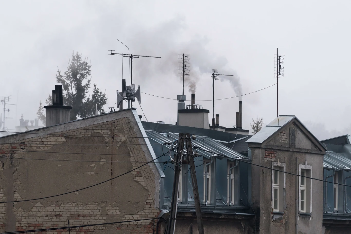 Zakaz palenia w niektórych kominkach i kozach nie jest jedynie zaleceniem, a więc ego złamanie wiąże się z realnymi konsekwencjami finansowymi. Zabudowania mieszkalne ze starymi dachami i kominami, z których wydobywa się ciemny dym w pochmurny, zamglony dzień, na dachach widoczne anteny telewizyjne i detale architektoniczne starej kamienicy.